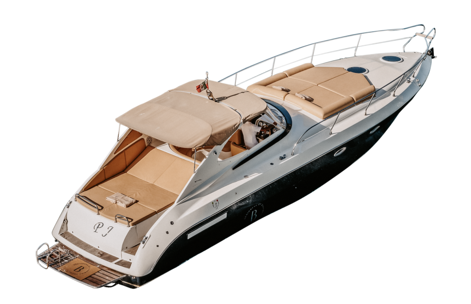Luxurious yacht with beige seating and canopy, isolated on a white background.