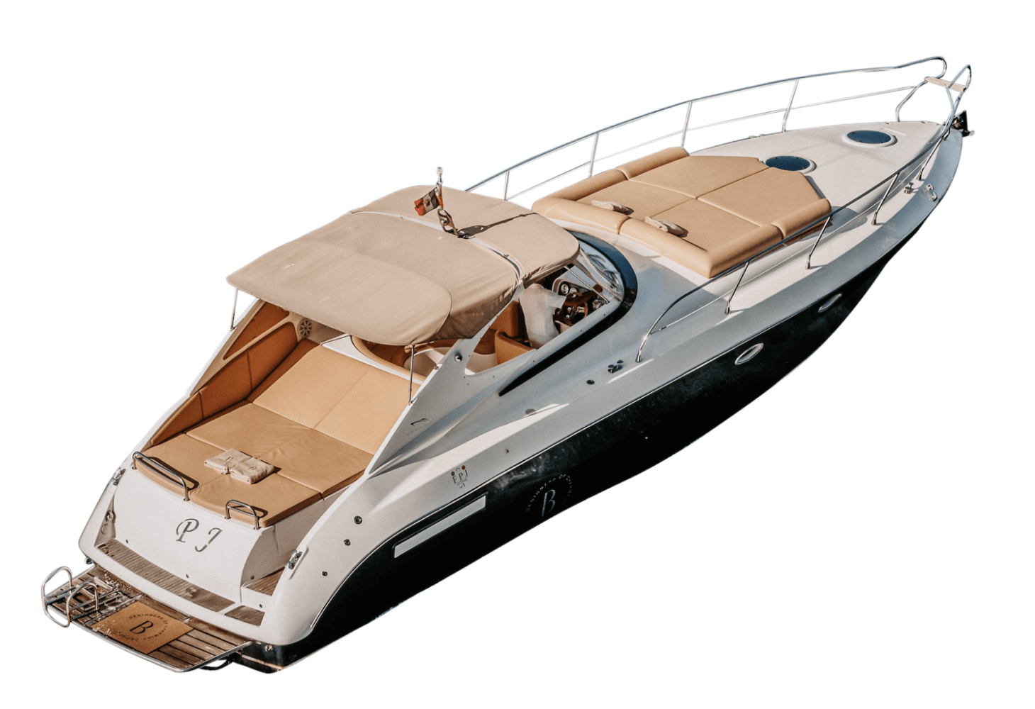 Luxurious yacht with beige seating and canopy, isolated on a white background.