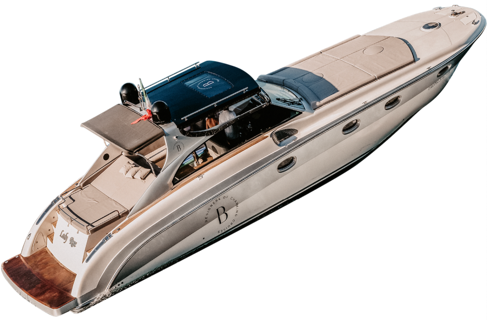 Luxury motor yacht with beige deck and blue canopy, aerial view.