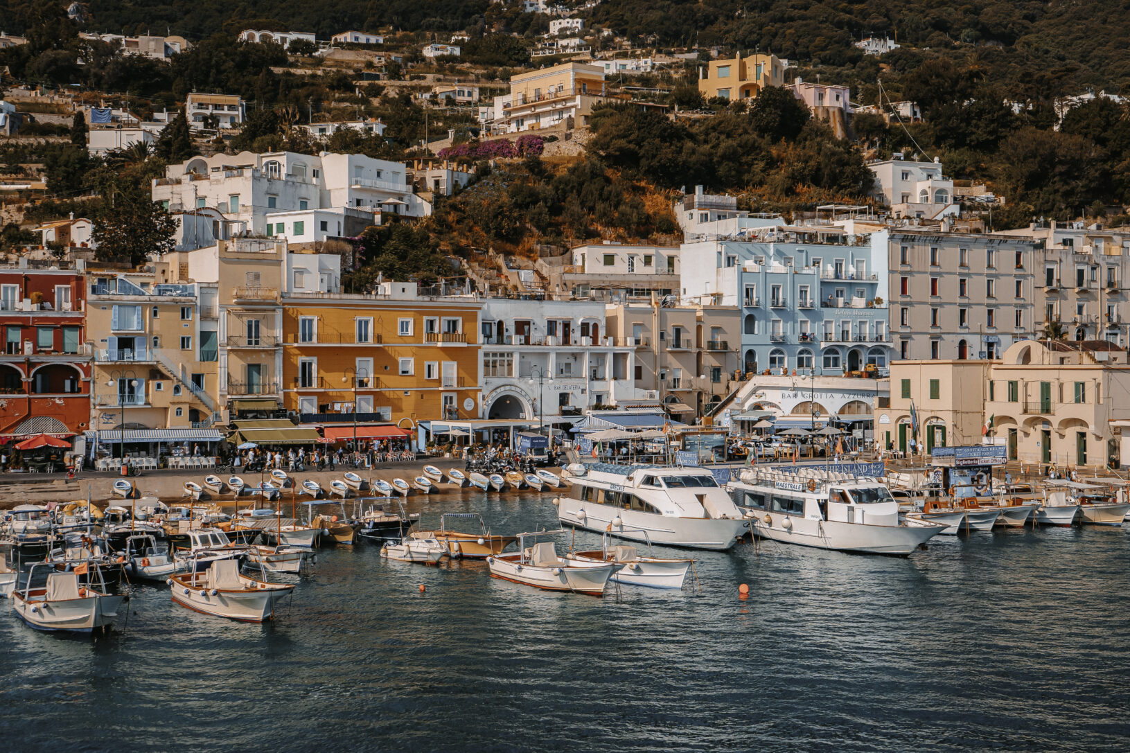 Colorful seaside town with boats docked in the foreground and hillside buildings in the background.